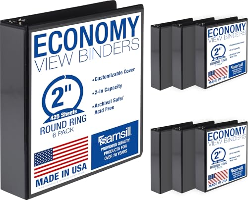 Samsill 2 Inch 3 Ring Binders, Economy Round Ring, Clear View Cover, 425 Sheet Capacity - for School, Home, Office - Black, 6 Pack - size: 6-Pack, style: 2 Inch