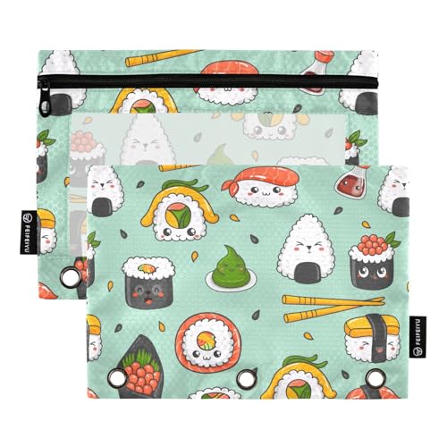 Kawaii Sushi Pencil Pouch for 3 Ring Binder, Three Hole Pencil Case for Binder Bulk Pencil Bag with Clear Window and Zipper for Office School College, 2 Pack - color: Multicolor 24