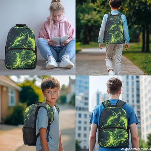 17 Inch Kid's 4PCS Backpack Set, Back to School Essentials | Insulated lunch box, water bottle pouch, pencil case, lightweight, padded shoulder straps, for elementary, middle school - color: Green Wolf