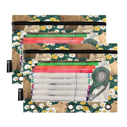 SUABO Daisy Capibala Pattern Pencil Pouch for 3 Ring Binder, 2 PCS Binder Pencil Pouch with Zipper, Clear Window Zipper Pencil Case Pencil Bags for Office Supplies - color: Capibala