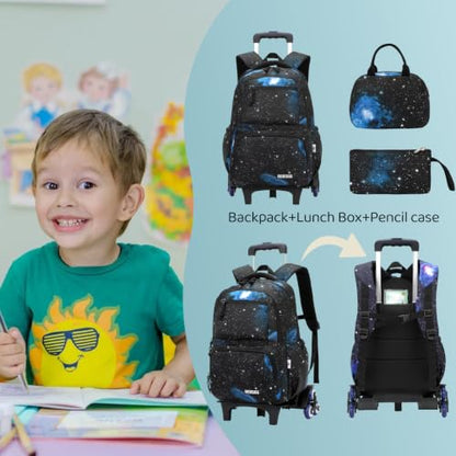 VIDOSCLA Galaxy Kids Rolling Backpack for Boys Primary Students Wheeled Bookbags for School - color: A#01-blue-galaxcy Single Roling Backpack