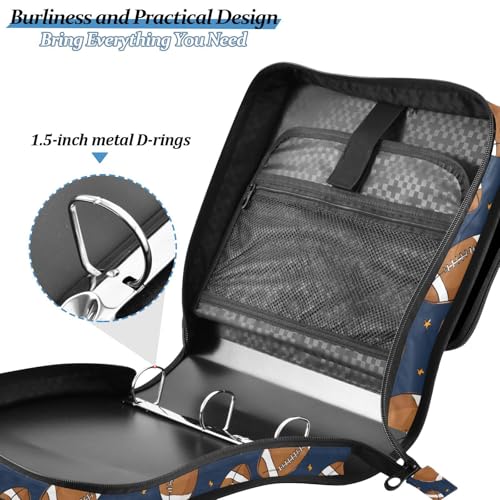 Zipper Binder Bag 3 Ring File Folder Portfolio Organizer Football Blue Binder Bags with Strap Paper Organizer Trapper Keeper Documents Storage