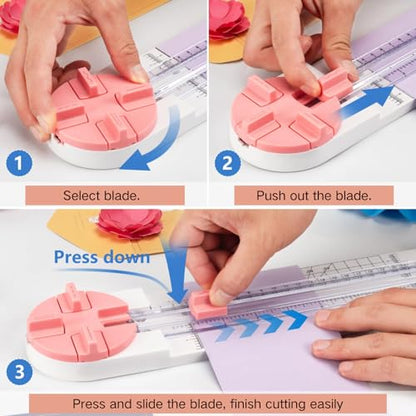 4 in 1 Paper Trimmer, Portable Safety Paper Cutter with Straight/Wave/Dotted/Scoring Blades, Mini Precision Craft Tool for Scrapbooking, Card Making, Photos, Kids DIY, School & Office(Blue)