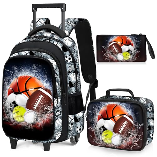 Sport Rolling Backpack for Boys - 3PCS Boys Rolling Backpack with Lunch Box Set for Kids Children Teens Elementary Middle School,Sport Roller Bookbag with Wheels for Age 6-18 - color: Multiball-001-backpack Set