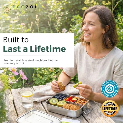 ecozoi 5 Compartment Stainless Steel Bento Lunch Box for Adults & Kids, 50 oz Leakproof Metal Meal Prep Container with Bonus Sauce Cup, BPA Free Eco Friendly, Dishwasher Safe for School, Work, Office - size: 5 Compartment 50 Oz