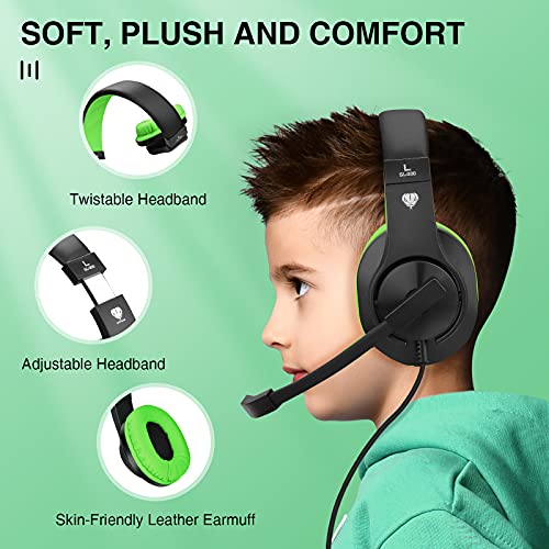 BlueFire Kids Headphones for Online School, Children, Teens, Boys, Girls, 3.5mm Stereo Over-Ear Gaming Headphone with Microphone and Volume Control for PS4, PS5, New Xbox One - color: Green