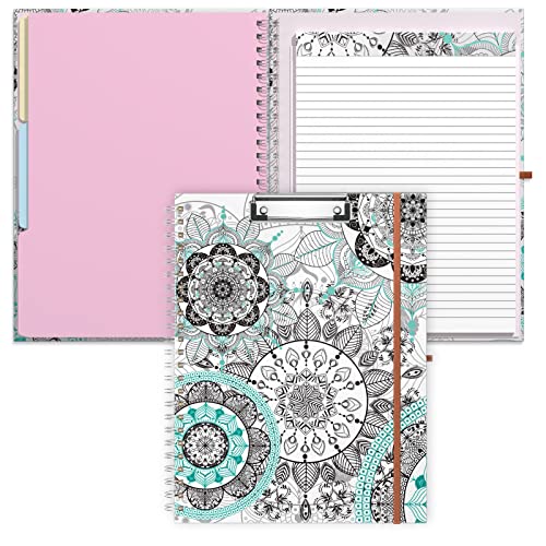 Rimilak Spiral Clipboard Folio with Refillable Lined Notepad, 14.5 x 9.8 In, Hardcover Cover with 5 Interior Pockets, Elastic Band and Pen Loop Series. Cute Stylish Clipfolio, Mandala Flower - color: Mandala Flower