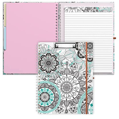 Rimilak Spiral Clipboard Folio with Refillable Lined Notepad, 14.5 x 9.8 In, Hardcover Cover with 5 Interior Pockets, Elastic Band and Pen Loop Series. Cute Stylish Clipfolio, Mandala Flower - color: Mandala Flower