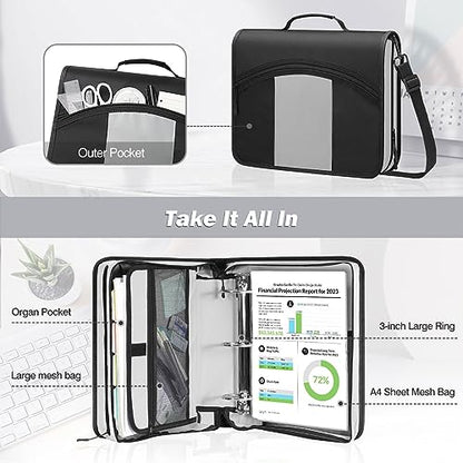 MoKo Zipper Binder with Strap, 3 Inch 3 O Ring, 600 Sheets, Black & Gray | Water-repellent nylon with 2 folders, 2 mesh pockets and a outer pockets, reinforced handle and adjustable shoulder strap. - color: Black
