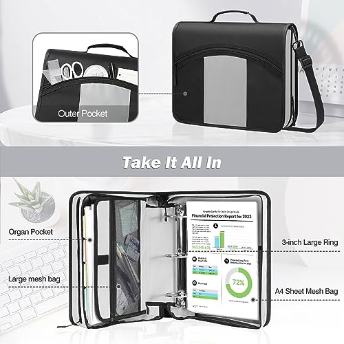 MoKo Zipper Binder with Strap, 3 Inch 3 O Ring, 600 Sheets, Black & Gray | Water-repellent nylon with 2 folders, 2 mesh pockets and a outer pockets, reinforced handle and adjustable shoulder strap. - color: Black