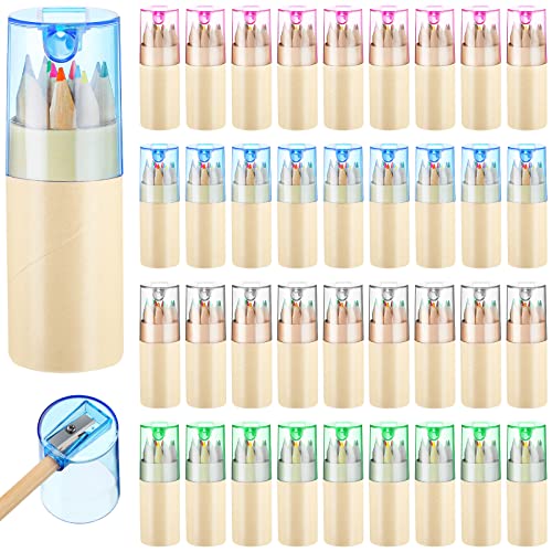Kosiz 32 Pack Mini Colored Pencils Bulk Set, with Built-in Sharpener, 12 Colors Per Tube, Portable Coloring Kit for Travel, Party Favors, Classroom Rewards, Gift, Goodie Bag Supplies - color: 12 Colors