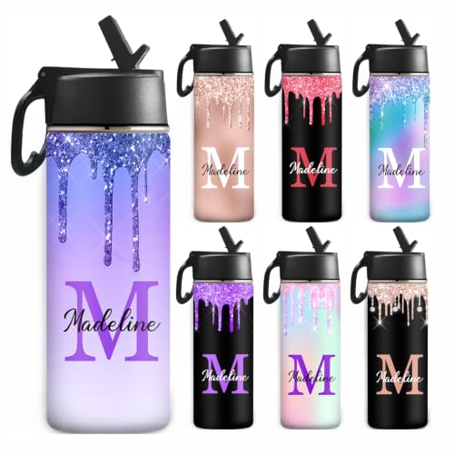 MyPupSocks Personalized Kids Water Bottle, Custom Name Stainless Steel Water Bottle for Girls Boys, 18oz Insulated Leakproof Bottle with Straw Lid, Unique Back to School Gift for Students - color: Color 97