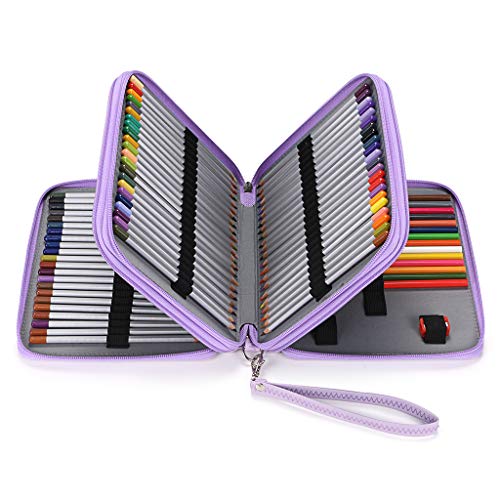 BTSKY Deluxe PU Leather Pencil Case For Colored Pencils - 120 Slot Pencil Holder with Handle Strap Handy Colored Pencil Box Large (Purple) - color: Purple