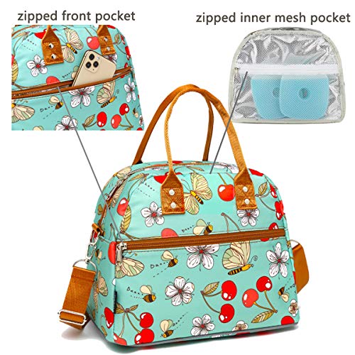 FlowFly Insulated Lunch Bag With Shoulder Strap for Women, Men, and Kids, Large and Reusable, Handle, Freezable Work and School Travel Tote and Meal Prep Organizer,Turquoise Cherry - color: Turquoise Cherry