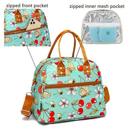 FlowFly Insulated Lunch Bag With Shoulder Strap for Women, Men, and Kids, Large and Reusable, Handle, Freezable Work and School Travel Tote and Meal Prep Organizer,Turquoise Cherry - color: Turquoise Cherry