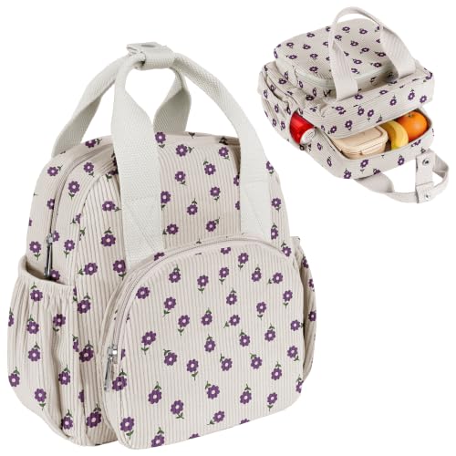 Insulated Corduroy Lunch Bag for Teen Girl Kid Women, Large Lunch Box, Reusable Portable Leakproof Lunchbox for School Travel Office Picnic (Flower Purple) - color: White-3