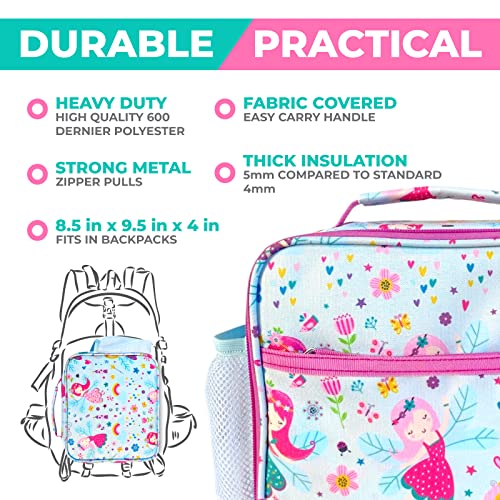 Bento Box with Insulated Lunch Bag Ice Pack Water Bottle for Kids - 5 Compartments, Removable Tray, Meal or Snack Container Girls Toddlers Daycare Pre School, Kindergarten, Pink Purple Fairy Princess - color: Pink Fairy Set
