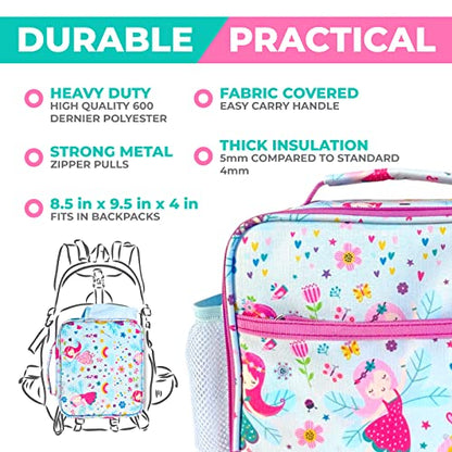 Bento Box with Insulated Lunch Bag Ice Pack Water Bottle for Kids - 5 Compartments, Removable Tray, Meal or Snack Container Girls Toddlers Daycare Pre School, Kindergarten, Pink Purple Fairy Princess - color: Pink Fairy Set