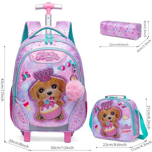 Kids Rolling Backpack for Girls Plush Material Dog Trolley Suitcases Luggage with Wheels Bookbag Wheeled 3pcs on Lunch Box Pencil Case Elementary Teenagers Pink for Girls Age 5-12 - color: Pink-0130-maoronggou