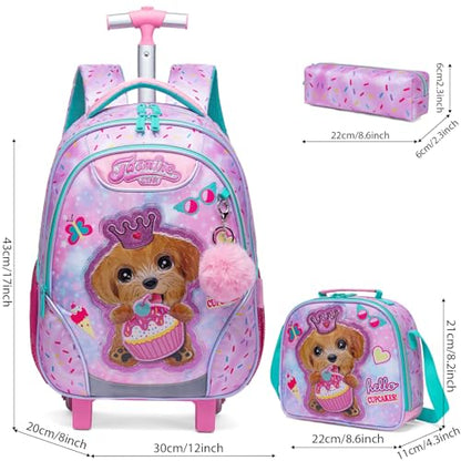 Kids Rolling Backpack for Girls Plush Material Dog Trolley Suitcases Luggage with Wheels Bookbag Wheeled 3pcs on Lunch Box Pencil Case Elementary Teenagers Pink for Girls Age 5-12 - color: Pink-0130-maoronggou