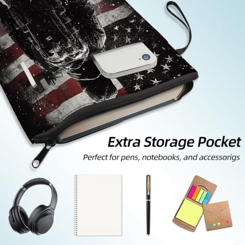 Padded Book Sleeve with Zipper & Front Pocket, Fabric Book Cover | US Flag Astronaut Soldier11.4"x8.7" Washable Canvas Pouch for Hardcovers, Tablets & Reading Accessories - color: Us Flag Astronaut Soldier