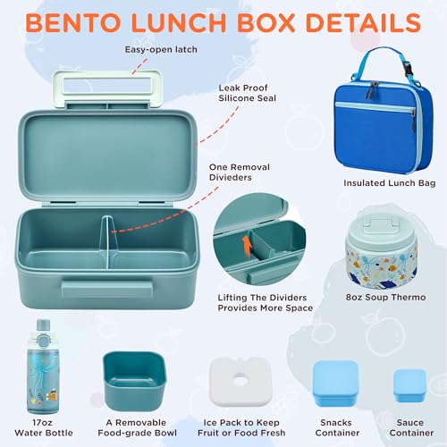 MAISON HUIS Bento Box for Kids with 8oz Soup Thermo, Insulated Lunch Bag & 17oz Water Bottle, 2-Compartment Bento Box with Built-In Ice Pack, Leak-Proof & BPA-Free - color: Blue2