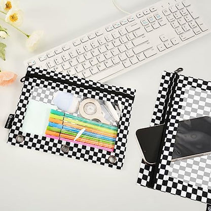 Fisyme Checker Plaid Pattern Pencil Pouch for 3 Ring Binder Pencil Case Pencil Bag Zipper Pouch with Clear Window for Office Supplies 2 Pack - color: Multi-12