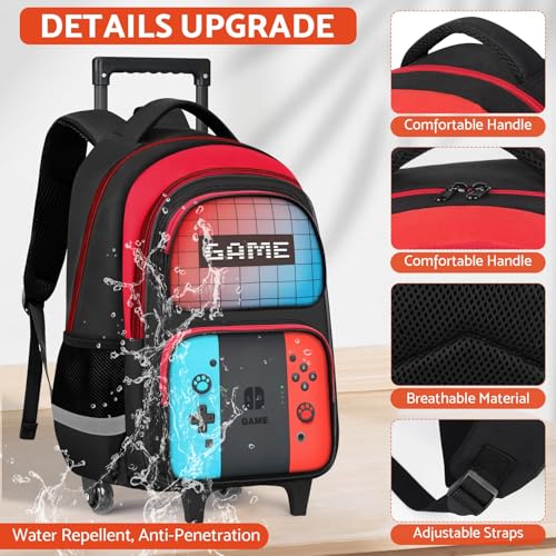 TILYTADLY Boys Rolling Backpack for Kids - Gamer Kids Rolling Backpack with Wheels for Elementary Middle School - Roller School Bookbag,HFHTDC Wheeled Travel Bag for Boys Aged 6-18 - color: red-blue-Backpack only
