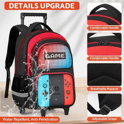TILYTADLY Boys Rolling Backpack for Kids - Gamer Kids Rolling Backpack with Wheels for Elementary Middle School - Roller School Bookbag,HFHTDC Wheeled Travel Bag for Boys Aged 6-18 - color: red-blue-Backpack only