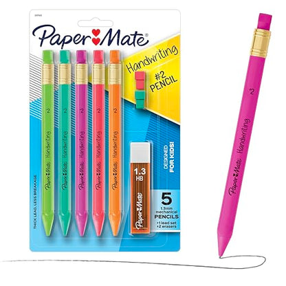Paper Mate Handwriting Triangular Mechanical Pencils with Lead & Eraser Refills, 1.3mm, Fun Barrel Colors, 5 Count - School Supplies, Kids Writing - size: 5 count