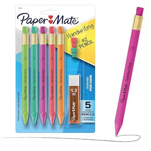 Paper Mate Handwriting Triangular Mechanical Pencils with Lead & Eraser Refills, 1.3mm, Fun Barrel Colors, 5 Count - School Supplies, Kids Writing - size: 5 count