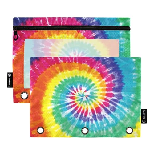 2 Pack 3 Ring Binder Pencil Pouch Tie Dye Pencil Case Pencil Bags with Zipper, Clear PVC Binder Pockets for Office Daily Supplies - color: Color 16