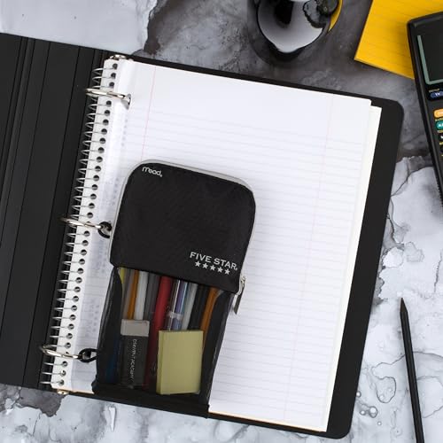 Five Star Pencil Pouch, Pen Case, Stand 'N Store Zipper Pouch, Fits 3-Ring Binder, Storage Organizer for Supplies Earbuds Chargers Cables Makeup, Black/Grey (505160A-ECM) - size: 2" x 4-1/2" x 8"