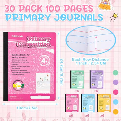 Fainne 30 Pack Primary Ruled Composition Notebook, Grade K-2 Journal 100 Pages, Kindergarten Primary Drawing Story Notebook for Kids Drawing and Writing - color: Macarons