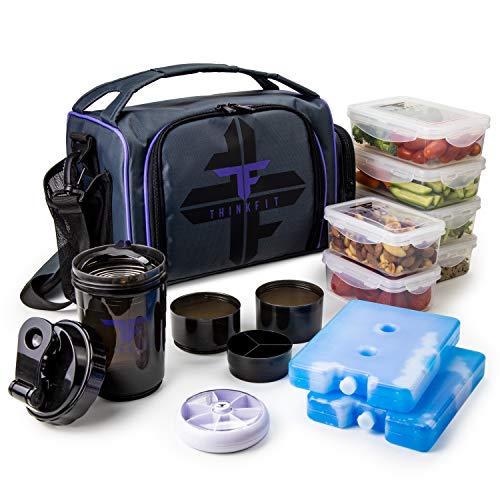 Insulated Meal Prep Lunch Box with 6 Containers, 2 Ice Packs, Purple | Leak-Proof BPA-Free Containers, Shaker Cup, Pill Organizer, Microwave and Freezer Safe, for Work and Gym, ThinkFit - color: Purple
