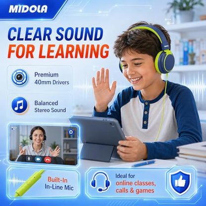 MIDOLA Kids Headphones for School Learning,Volume Limited 85/94dB, Foldable Lightweight Over-Ear Wired Headphones for Kids Toddler Girls Boys 3.5mm for Pad,Headsets with Built-in Mic DeepBlueSky - color: DeepBlueSky