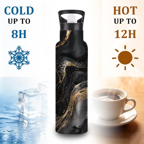 Water Bottles with Straw,Black Gold Marble Stainless Steel Cup Leak Resistant Double Wall Abstract Marble Insulated Water Bottle with Handle for Gym Cycling Hiking Office 20 oz - color: Black Gold Marble,Abstract Marble