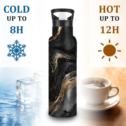 Water Bottles with Straw,Black Gold Marble Stainless Steel Cup Leak Resistant Double Wall Abstract Marble Insulated Water Bottle with Handle for Gym Cycling Hiking Office 20 oz - color: Black Gold Marble,Abstract Marble