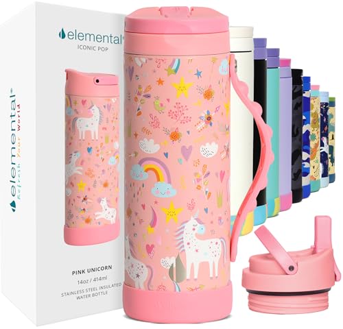 Elemental Iconic Kids Water Bottle for School - 100% Leak-Proof Insulated Water Bottles with Straw Lid & Pop-It Handle for Boys & Girls - Triple-Wall Insulated & BPA-Free, 14oz – Pink Unicorn - color: Pink Unicorn, size: 14 Ounces