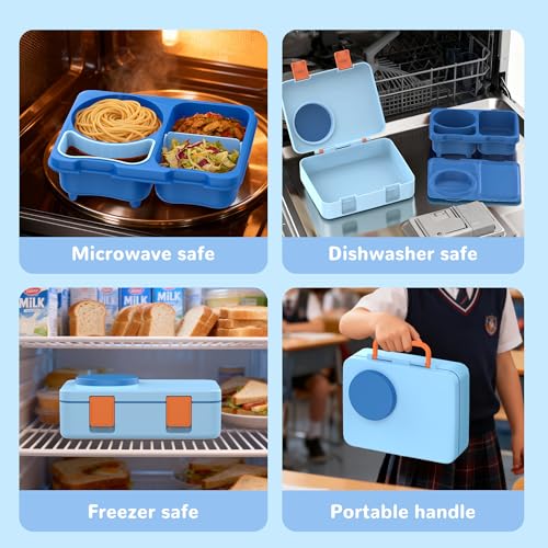 Bento Box for Kids, Leakproof Kids Bento Lunch Box Container with 8oz Insulated Thermo Food Jar, Sauce Jar, Utensil, DIY Stickers for School Boys Girls, 3-4 Compartments, BPA-Free - color: Blue Orange