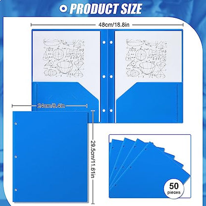 Yeaqee 50 Pcs Plastic Folders with Pockets Bulk 3 Hole Punched 2 Pocket File Folders for 3 Ring Binder Divider Folder for Notebooks, Durable Poly for Office Home (Blue) - color: Blue