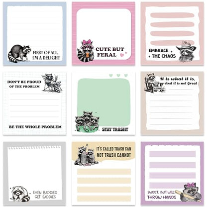Raccoon Sticky Notes Gifts, 9 Pack Funny Raccoon Notepads 3x3 Inch, Funny Animals Self-Stick Memo Pads, Office School Supplies Gifts for Students Coworkers (450 Sheets) - style: Raccoon