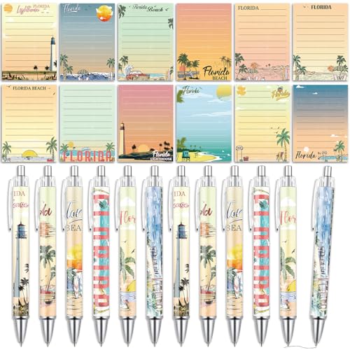 Wxiben Florida Sticky Notes with Pens - 24 Pcs Florida Scenery Notepads City Travel Ballpoint Pens Bulk America Vacation Souvenir Gifts for Home Traveler Party Favor Office Supplies - color: Yellow