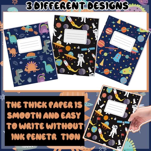Affrolling 3 Pack Composition Notebooks Wide Ruled for Kids Boys Dinosaur Space Cute Composition Notebook 200 Page 7-1/2" x 9-3/4" Blue Journal Back to School Gift for Teen Student First Day of School
