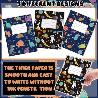 Affrolling 3 Pack Composition Notebooks Wide Ruled for Kids Boys Dinosaur Space Cute Composition Notebook 200 Page 7-1/2" x 9-3/4" Blue Journal Back to School Gift for Teen Student First Day of School