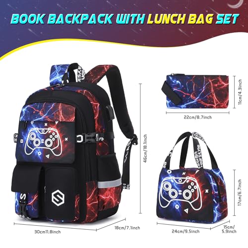 Scothen Boys Backpack, Cool Luminous School Backpacks for Boys with Lunch Bag Pencil Case, Kids Backpack Kindergarten Elementary Middle School Book Bags for Teen Boy Children with USB Charging Port - color: Cool Red-blue