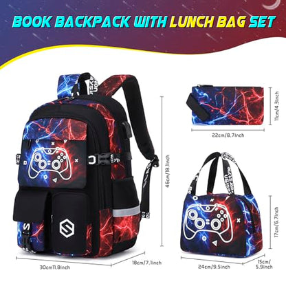 Scothen Boys Backpack, Cool Luminous School Backpacks for Boys with Lunch Bag Pencil Case, Kids Backpack Kindergarten Elementary Middle School Book Bags for Teen Boy Children with USB Charging Port - color: Cool Red-blue