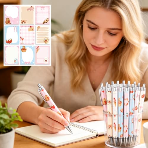 Wxiben Strawberry Sticky Notes with Pens - 18 Pcs Bow Ballpoint Pens Bear Axolotl Rabbit Notepads Set Cake Cocktail Notes Black Ink Pen Gifts for Women Study Office School Supplies Party Favors - color: Strawberry