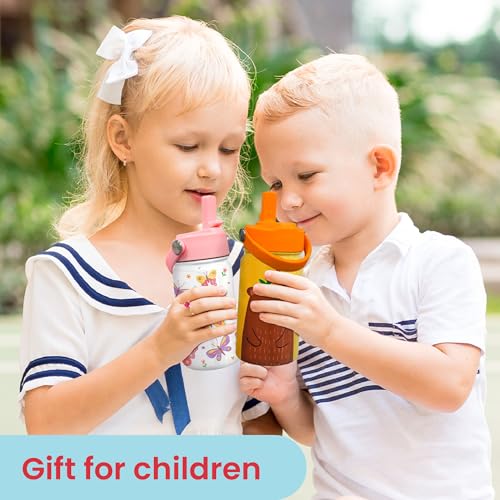 Kids Water Bottle with Straw Lid - 12 Oz Insulated Stainless Steel Water Bottles for Kid Girl- Travel Cup for School Sports - color: Butterfly
