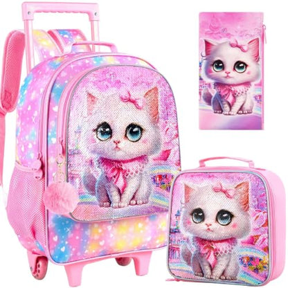 WZLVO 4PCS Rolling Backpack for Girls, Kids Cat Roller Backpacks with Wheels for Kids, Wheeled Bookbag Set for Toddler Elementary School - color: Cat Pink